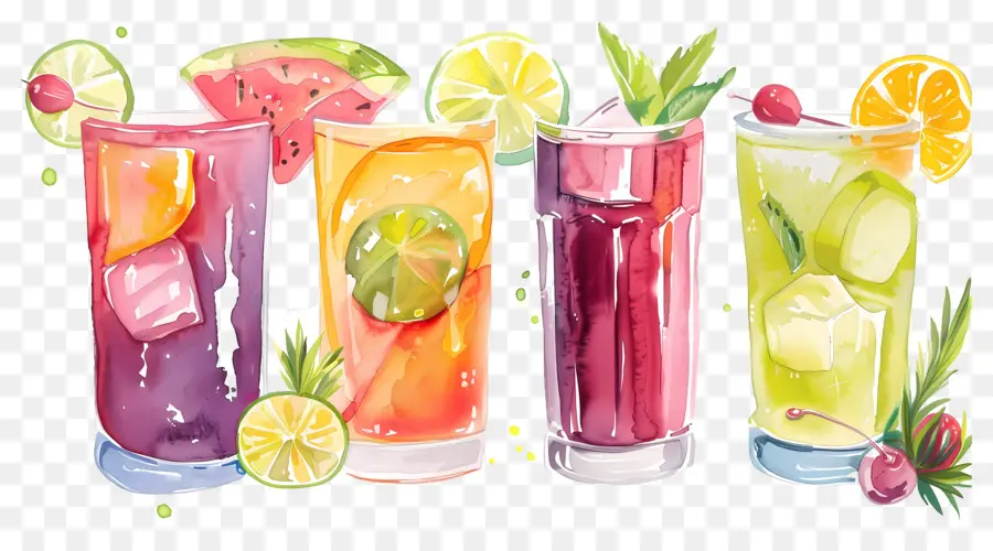 Cocktail Aquarelle，Boissons Colorées PNG