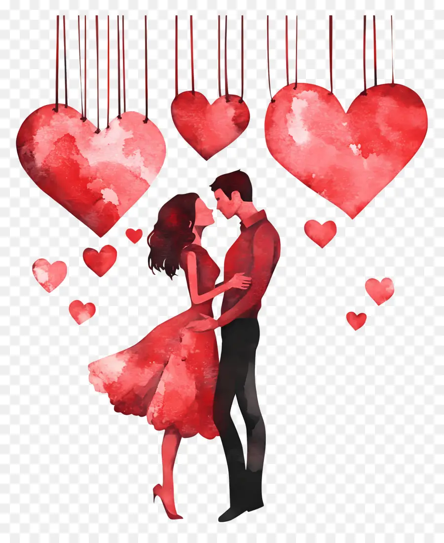 Amour Suspendu，Couple De Silhouette Avec Des Coeurs PNG