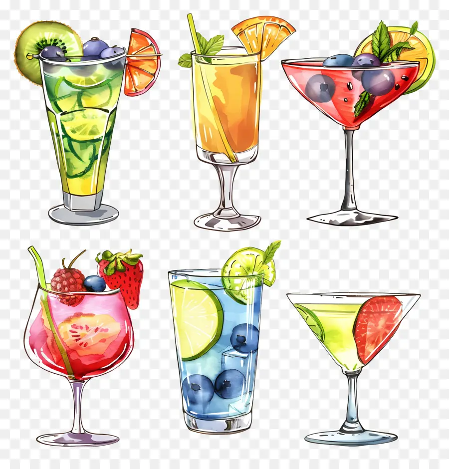 Cocktail Aquarelle，Cocktails Assortis PNG