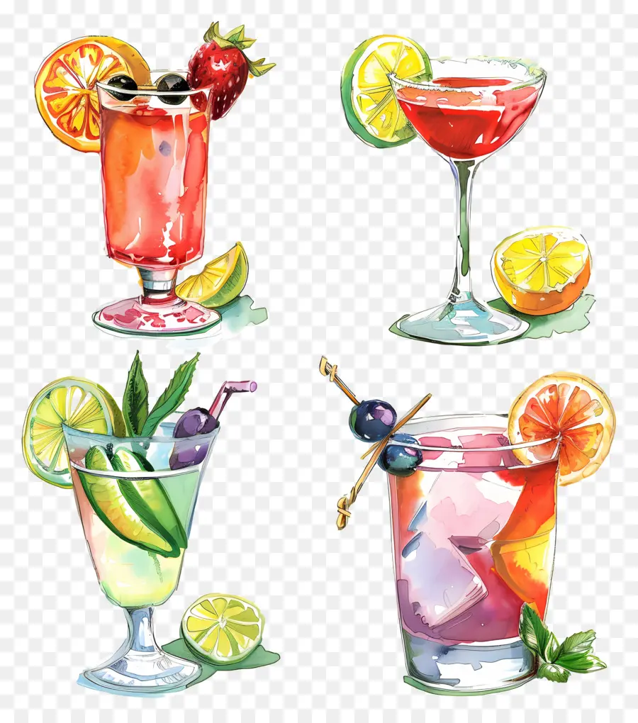 Cocktail Aquarelle，Cocktails Assortis PNG