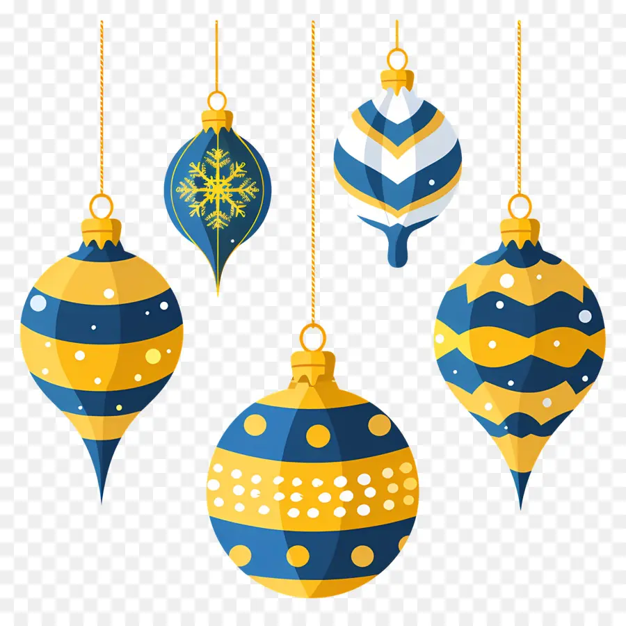 Boules De Noël Suspendues，Ornements Bleus Et Jaunes PNG