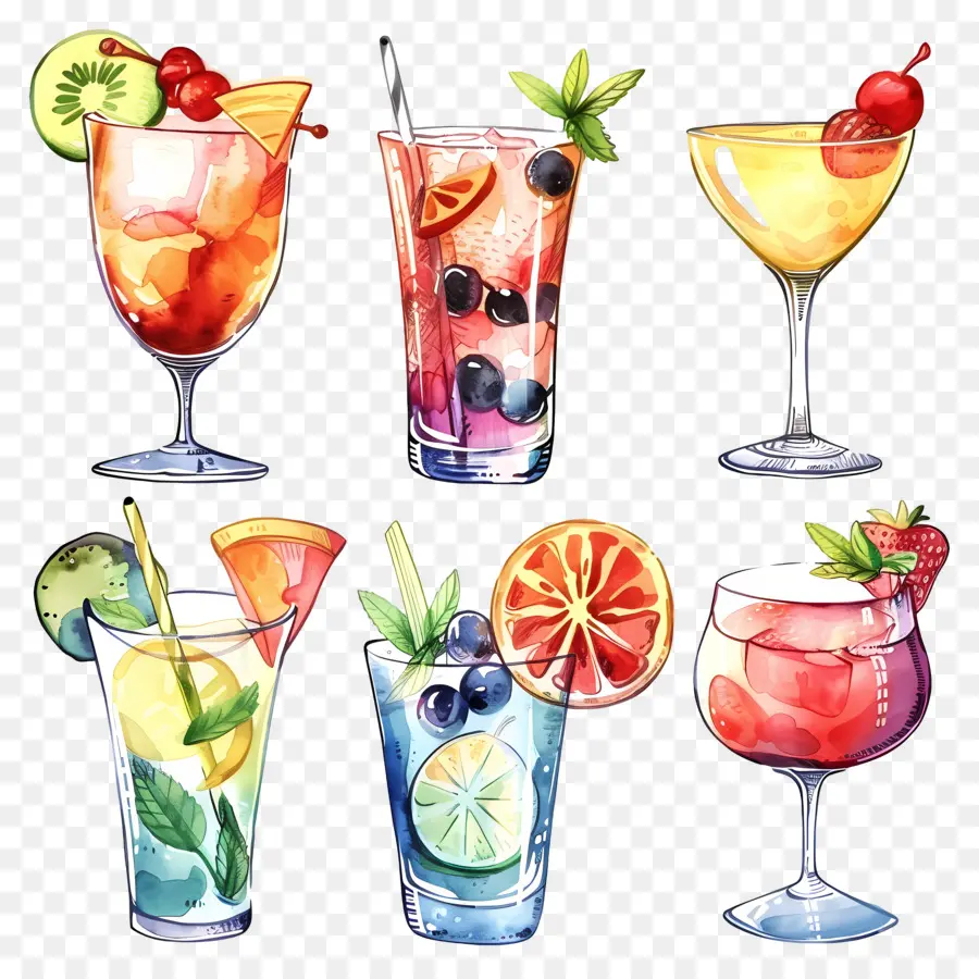 Cocktail Aquarelle，Cocktails Assortis PNG