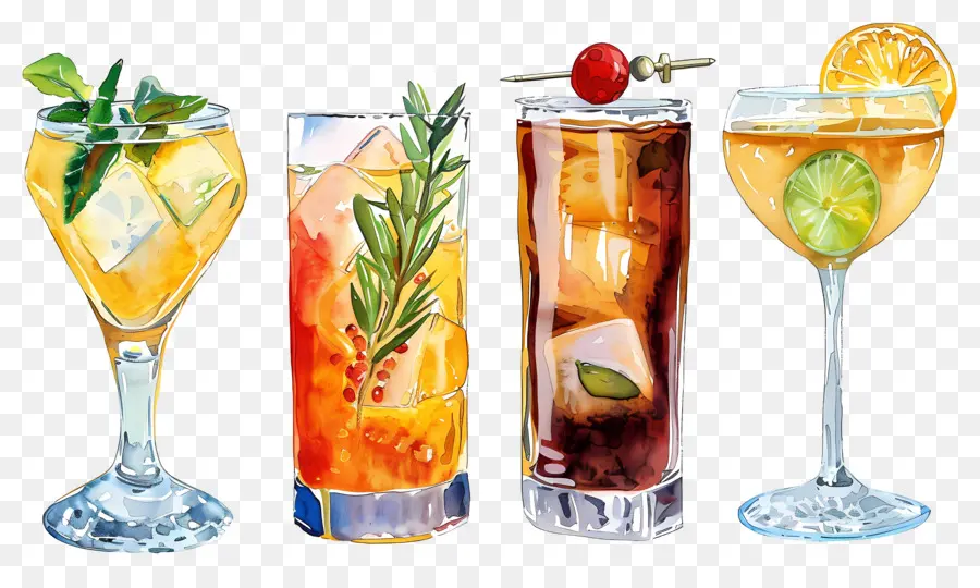 Cocktail Aquarelle，Cocktails Colorés PNG