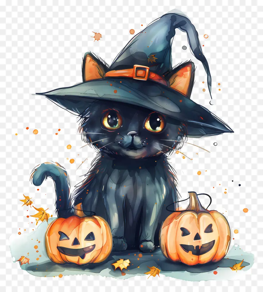 Chat Mignon D'halloween，Chat Noir Avec Des Citrouilles PNG