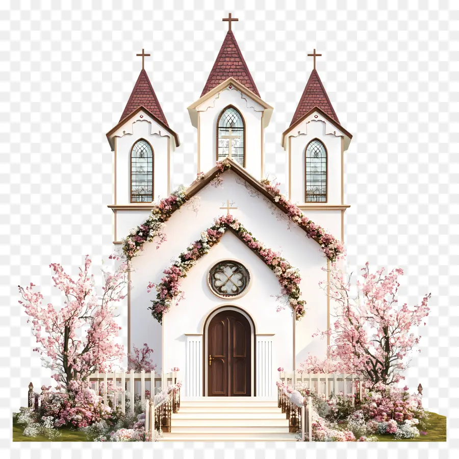 église De Mariage，Église Aux Fleurs Roses PNG