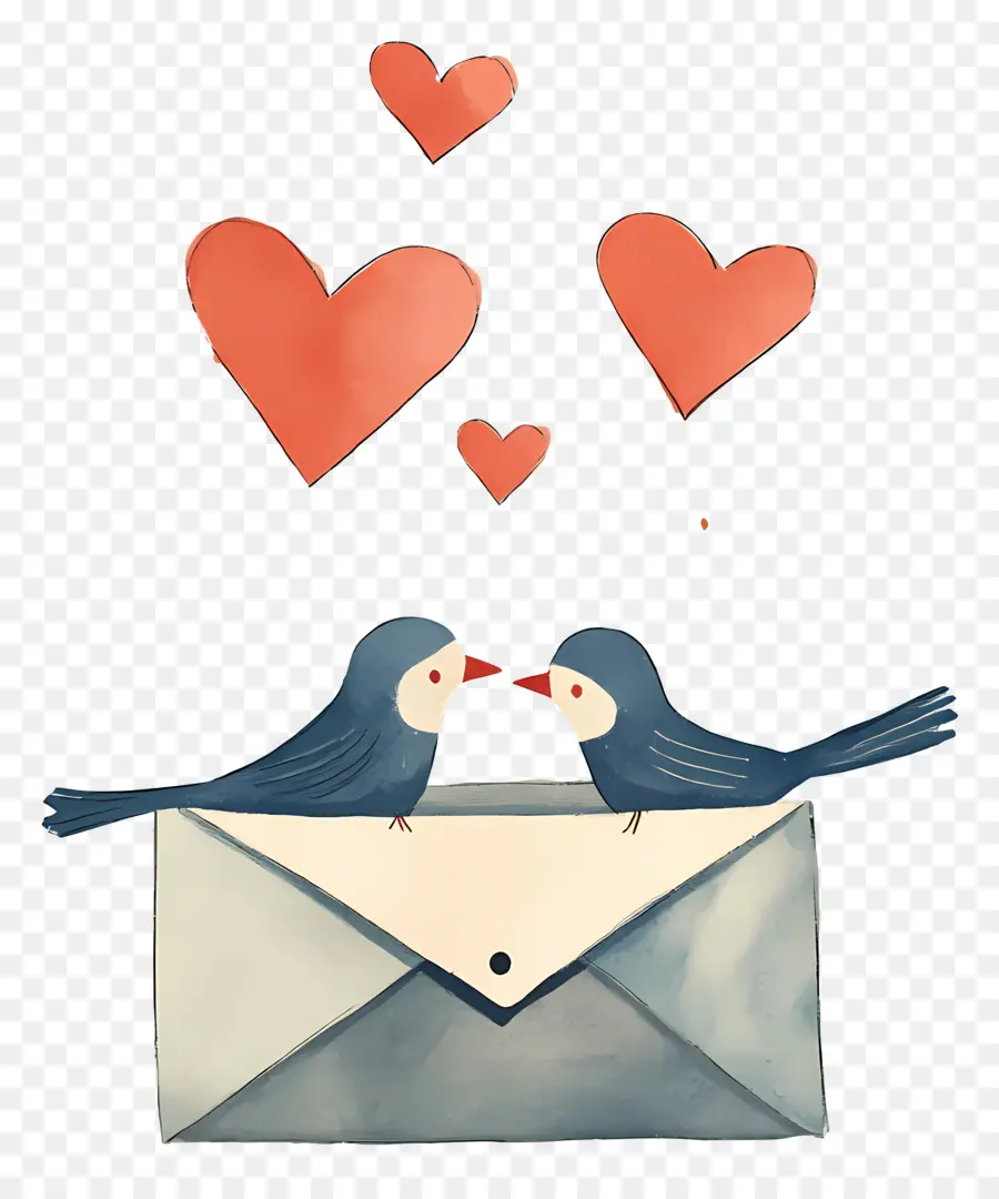 Courrier D'amour，Enveloppe Avec Des Oiseaux Et Des Coeurs PNG