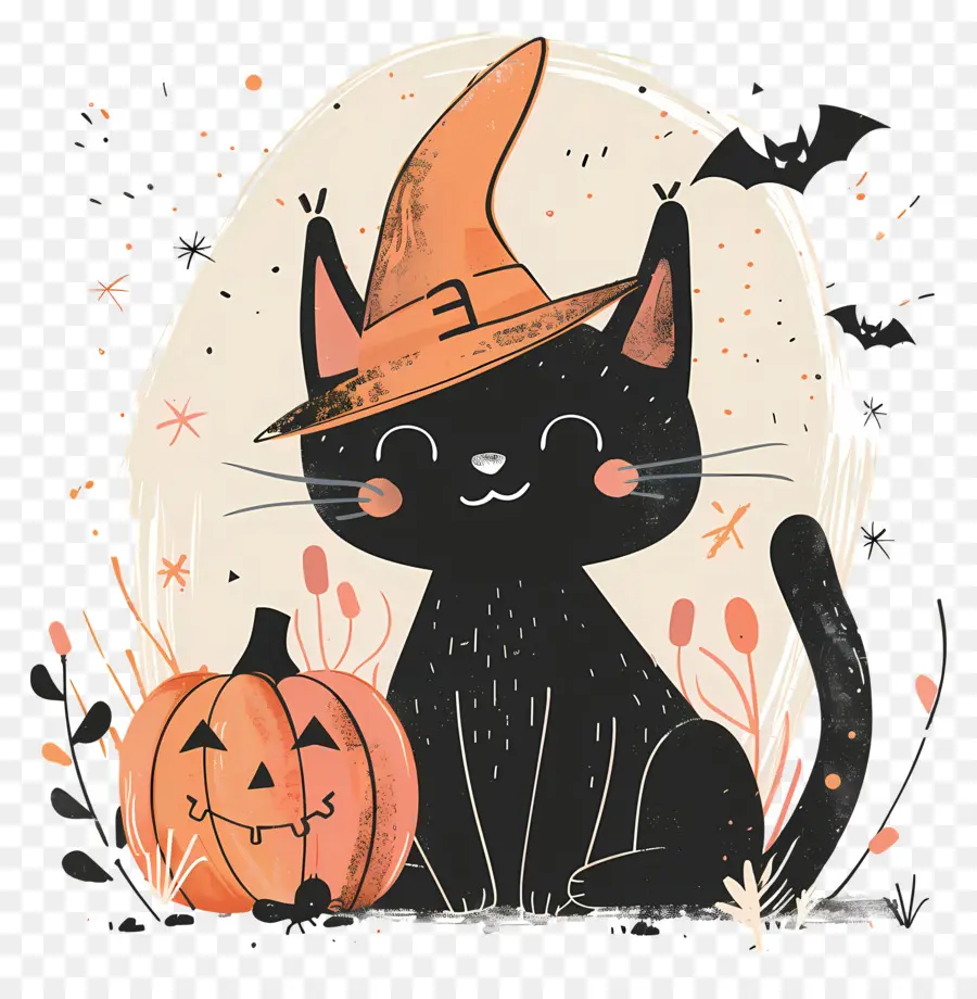 Chat Mignon D'halloween，Chat Noir Avec Des Citrouilles PNG