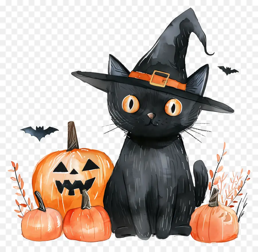 Chat Mignon D'halloween，Chat Noir Avec Des Citrouilles PNG