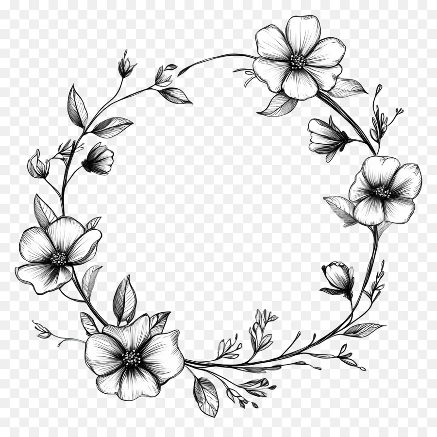 Cadre De Fleurs，Couronne Florale Noire Et Blanche PNG