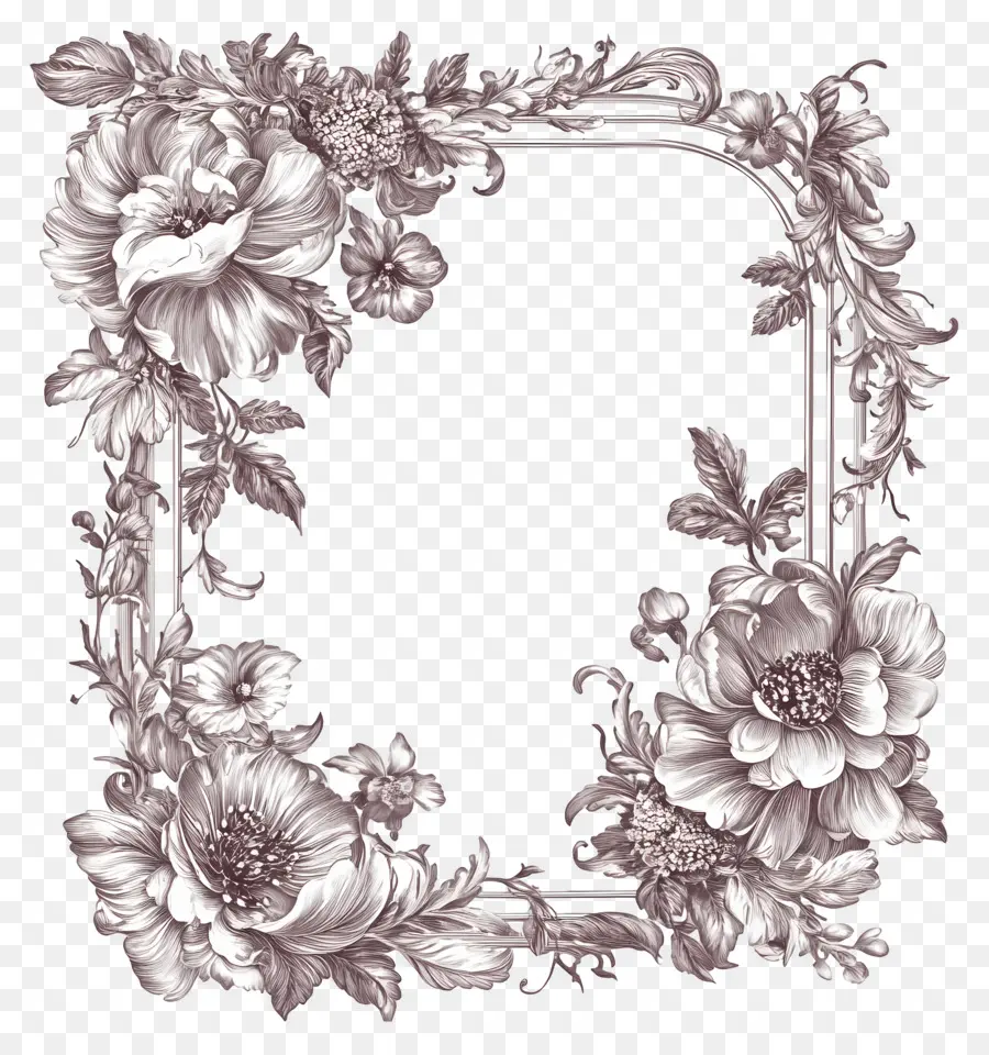 Cadre Rectangulaire，Cadre Floral Monochrome PNG