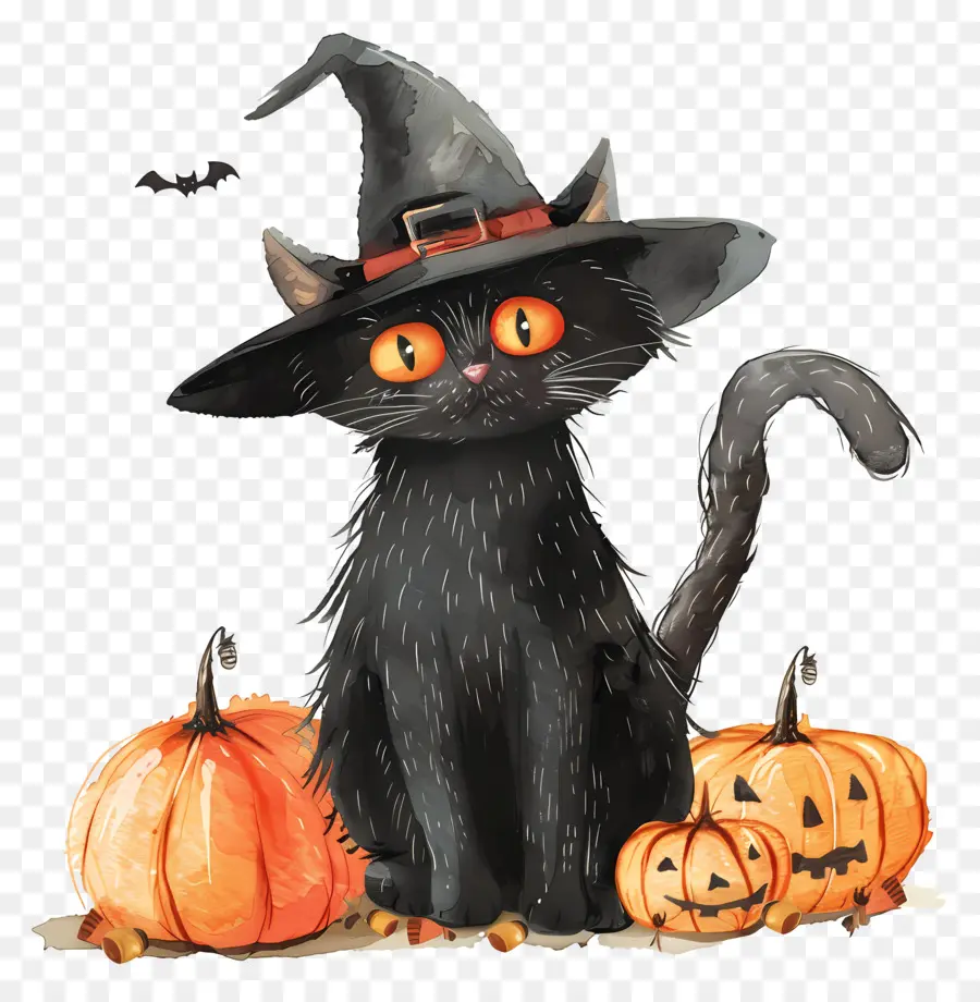 Chat Mignon D'halloween，Chat Noir Avec Des Citrouilles PNG