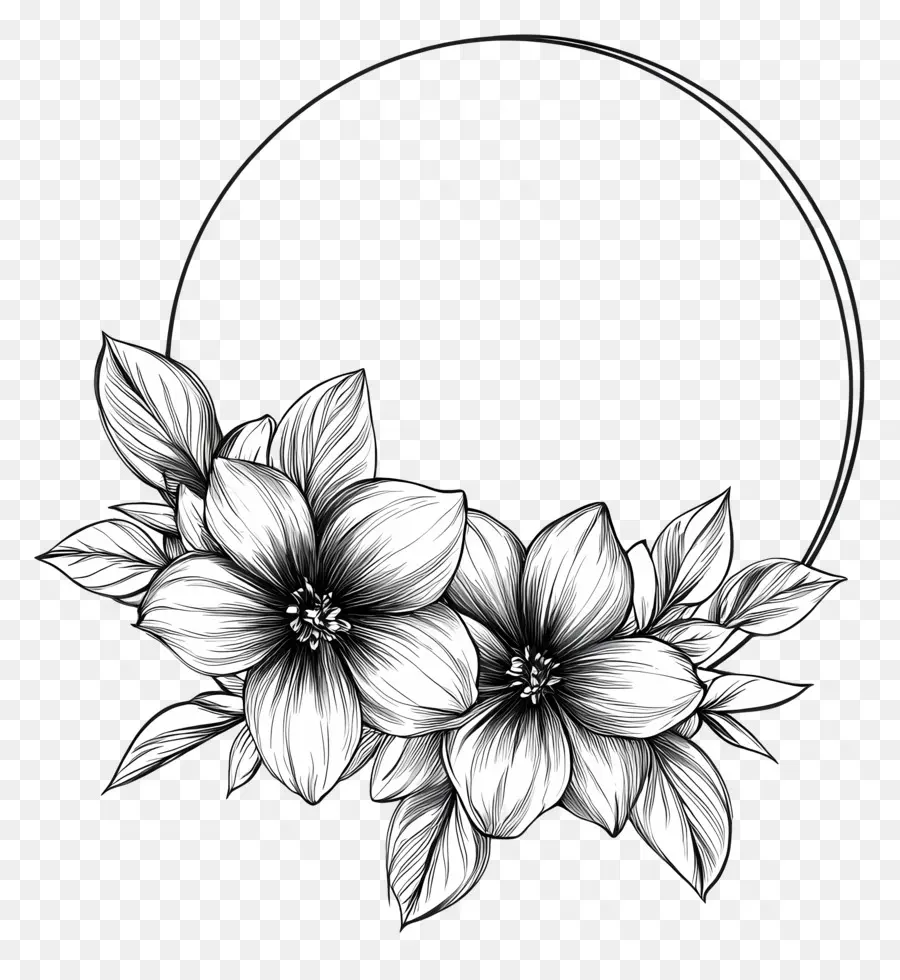 Cadre De Fleurs，Cercle Floral Noir Et Blanc PNG