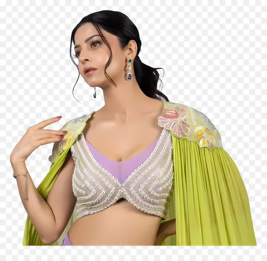 Vedhika，Femme En Tenue Verte Et Violette PNG