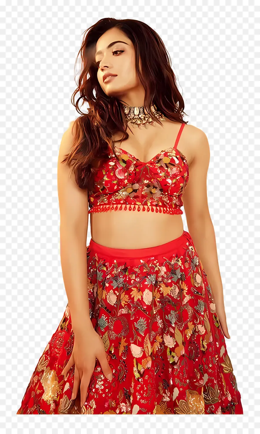 Rashmika Mandanna，Robe à Fleurs Rouge PNG