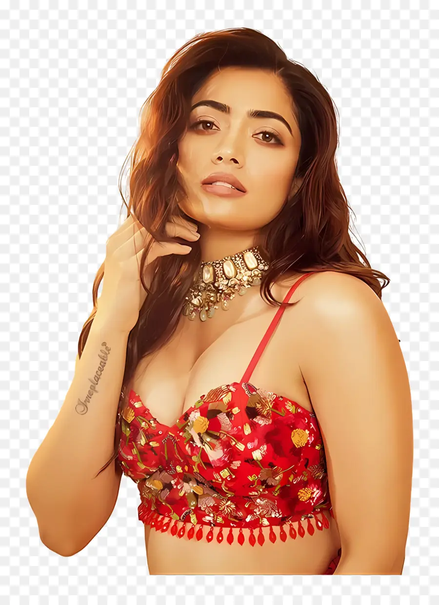 Rashmika Mandanna，Tenue Florale Rouge PNG