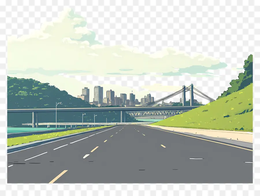 Route De Dessin Animé，Paysage Urbain Avec Pont PNG