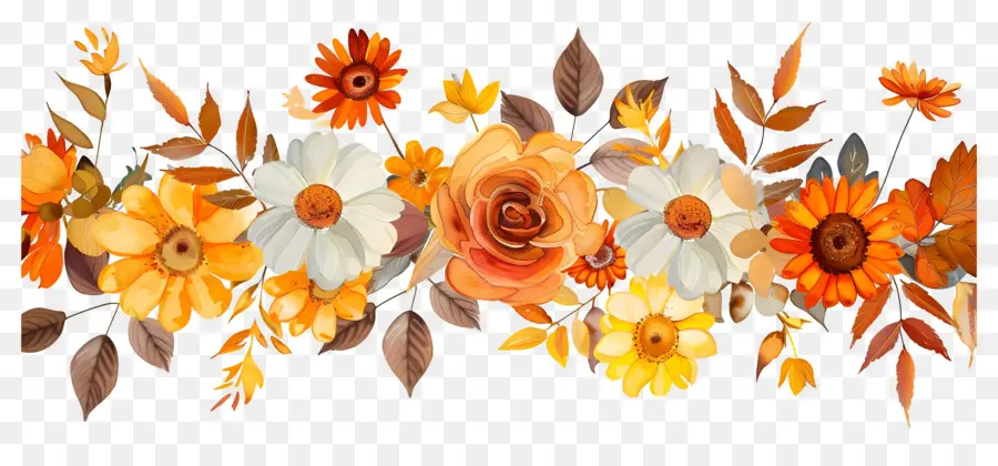 Bordure Florale，Fleurs Jaunes Et Oranges PNG