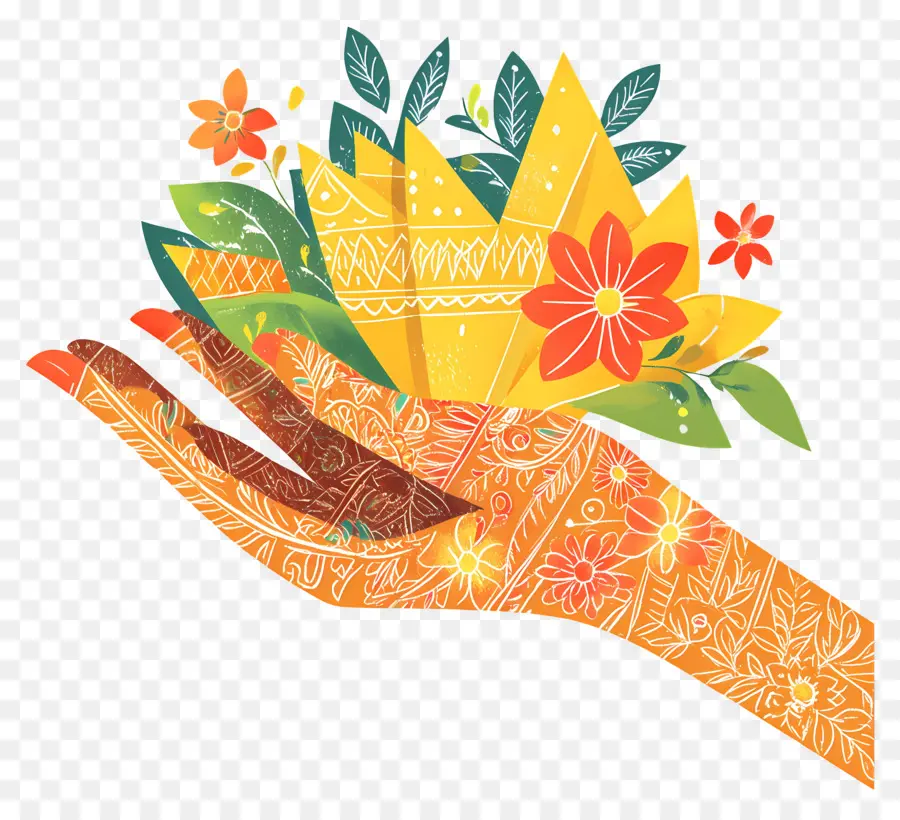 Main Indienne，Main Décorée De Fleurs Et De Feuilles PNG