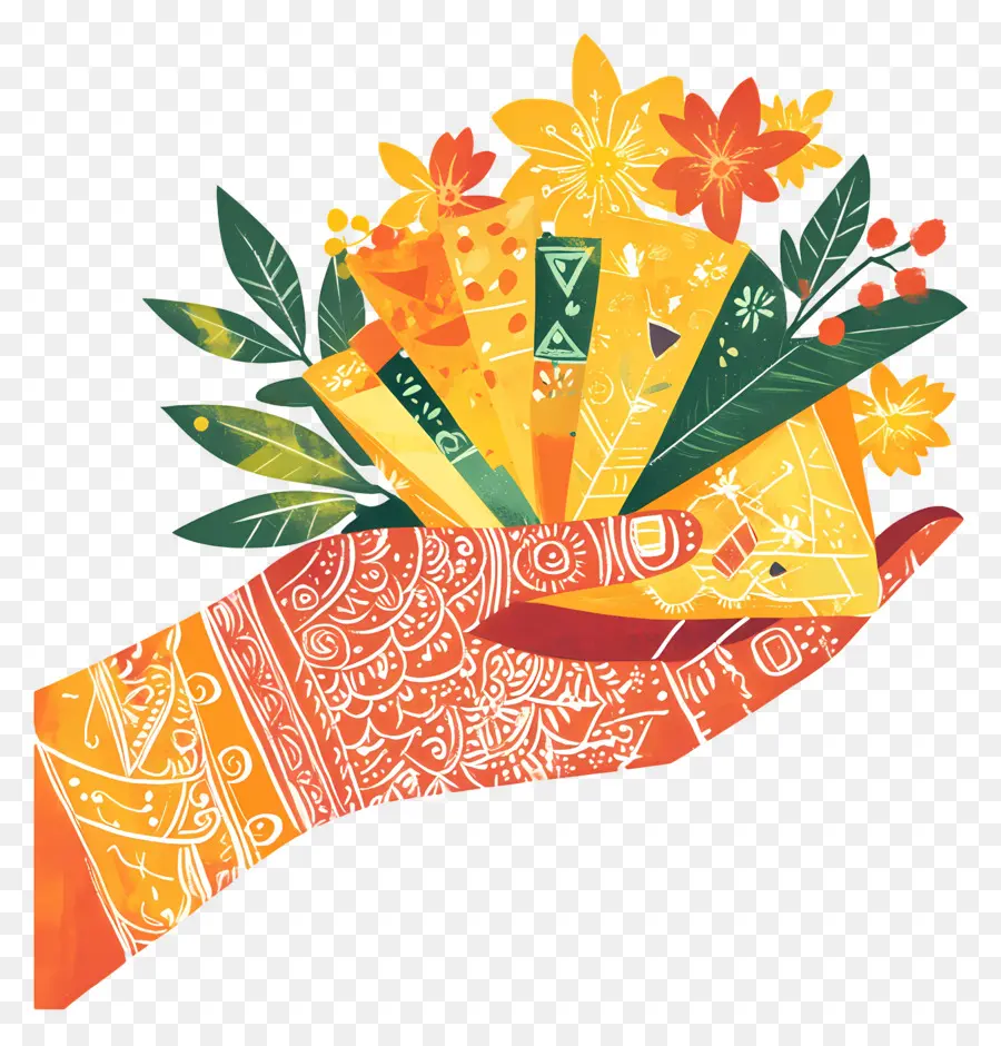 Main Indienne，Main Décorée De Fleurs Et De Feuilles PNG