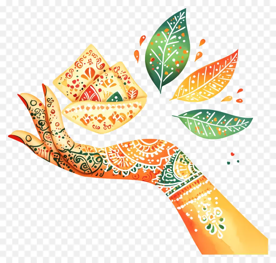 Main Indienne，Main Décorée De Feuilles PNG