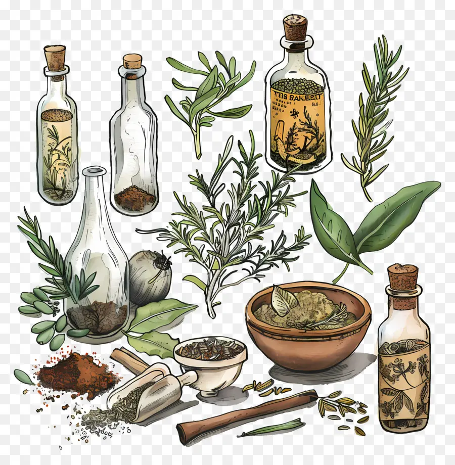 Herbes Et épices，Herbes Et Bouteilles PNG