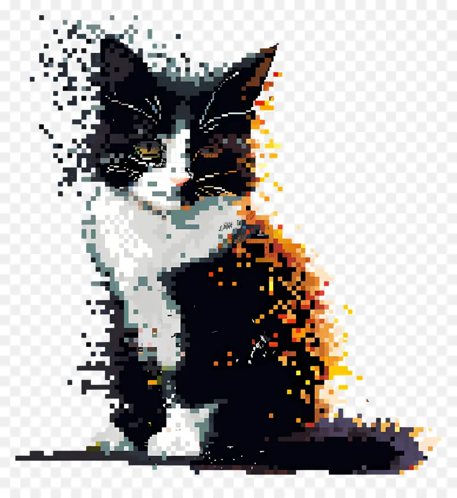 Chat Pixelisé，Chat Noir Et Blanc Pixélisé PNG