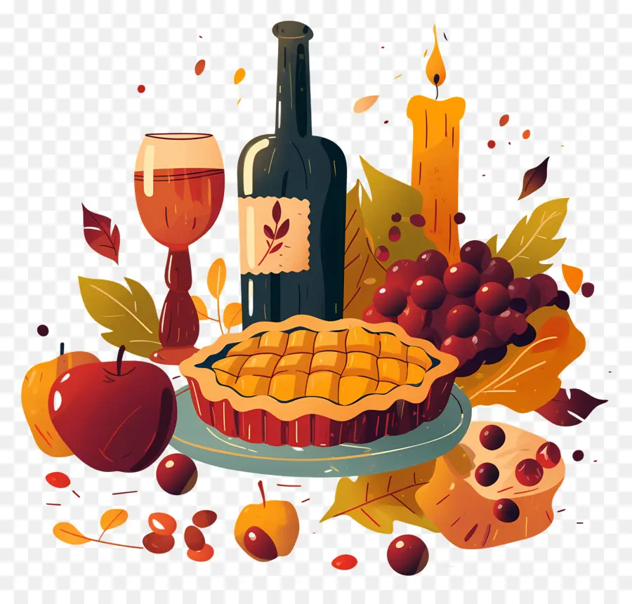 Nourriture De Thanksgiving，Tarte D'automne Et Vin PNG