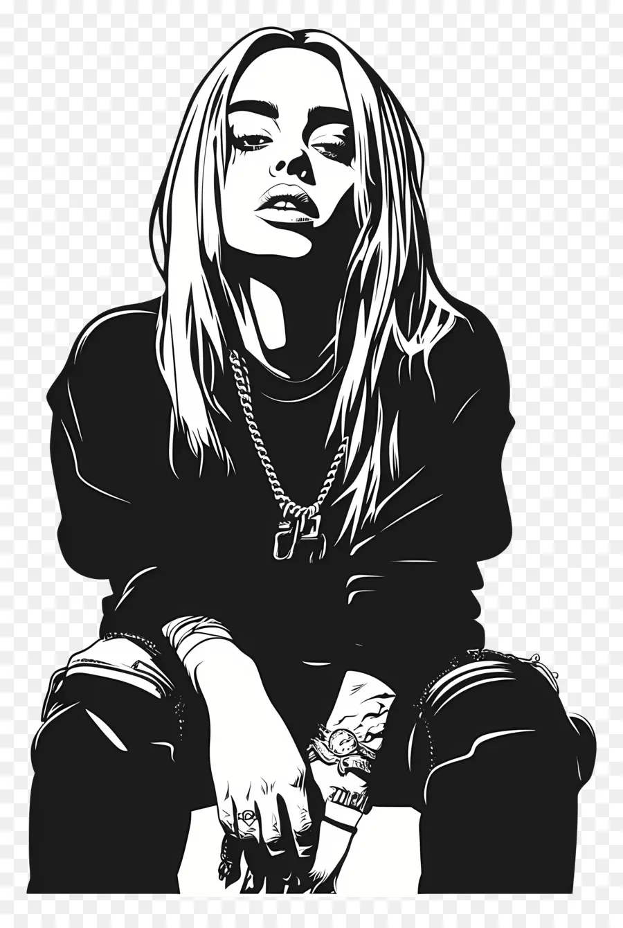 Billie Eilish，Illustration En Noir Et Blanc PNG