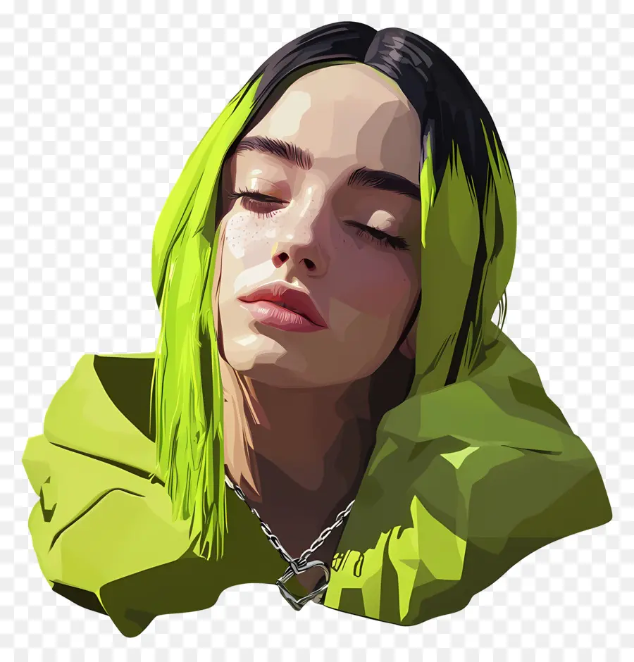 Billie Eilish，Portrait Stylisé Aux Cheveux Verts PNG