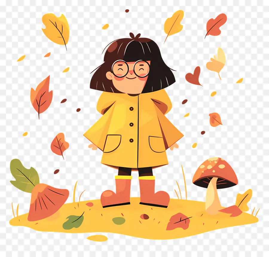 Fond D'automne，Fille En Manteau Jaune PNG