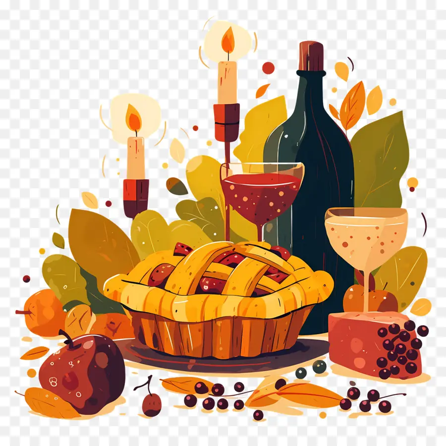 Nourriture De Thanksgiving，Tarte D'automne Et Vin PNG