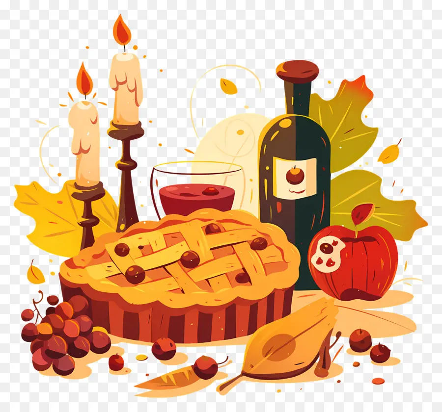 Nourriture De Thanksgiving，Tarte D'automne Et Vin PNG