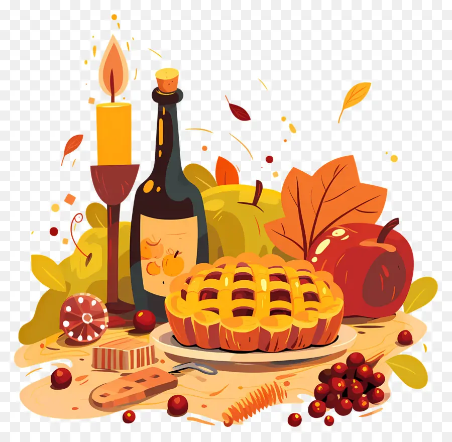 Nourriture De Thanksgiving，Tarte D'automne Et Vin PNG