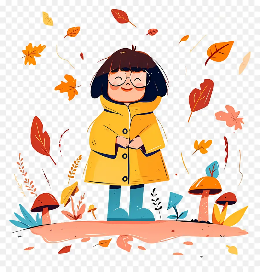 Fond D'automne，Fille En Manteau Jaune PNG