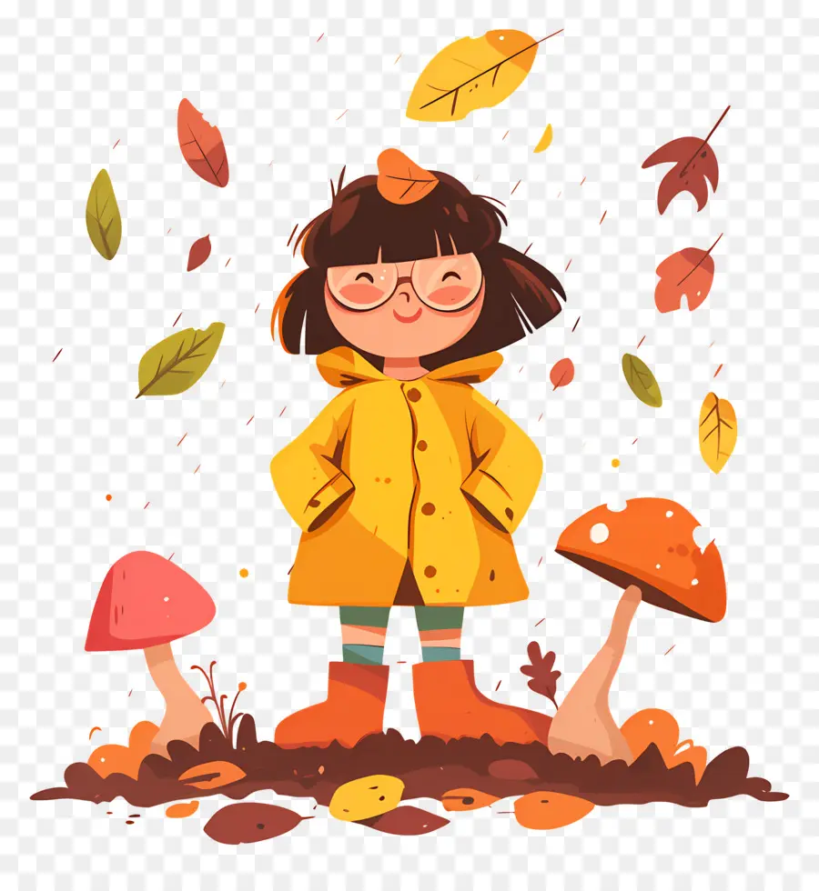 Fond D'automne，Fille En Manteau Jaune PNG