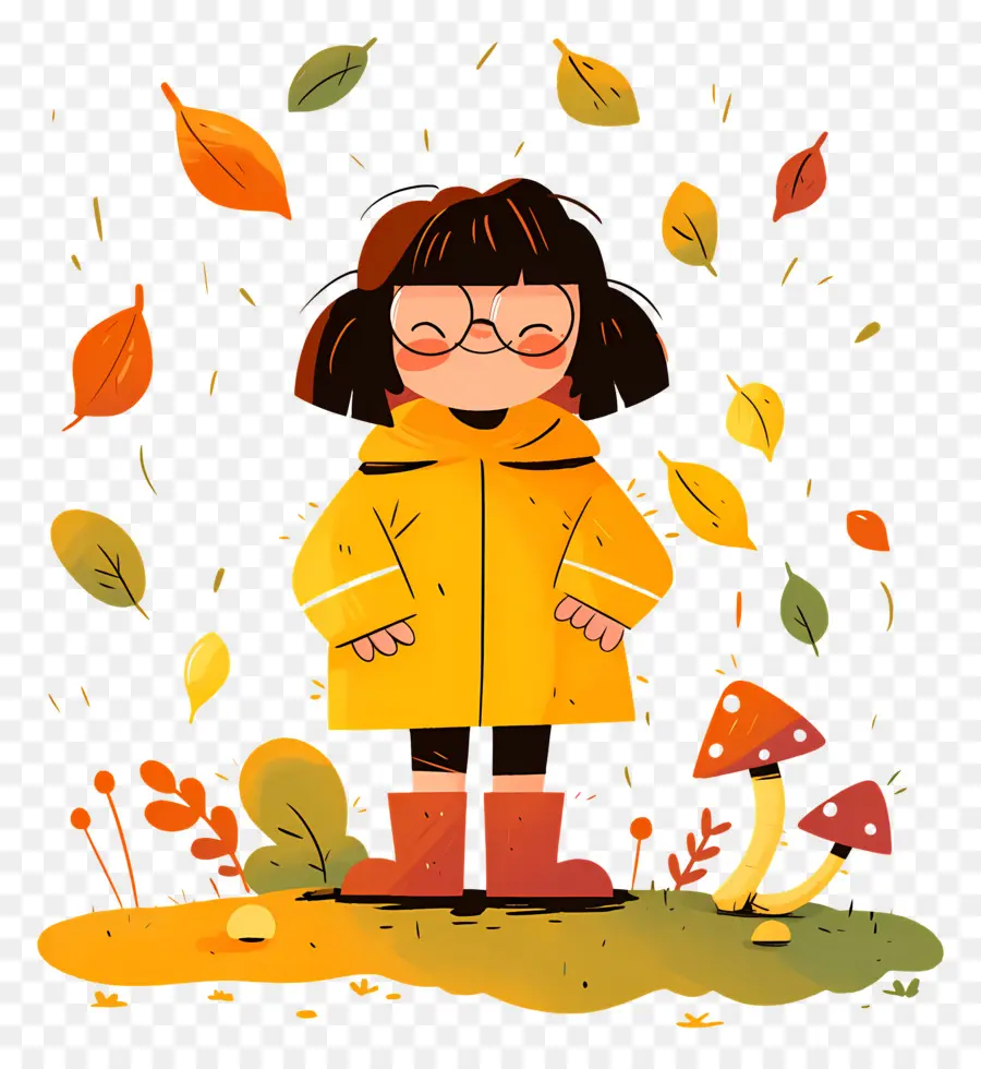 Fond D'automne，Fille En Manteau Jaune PNG