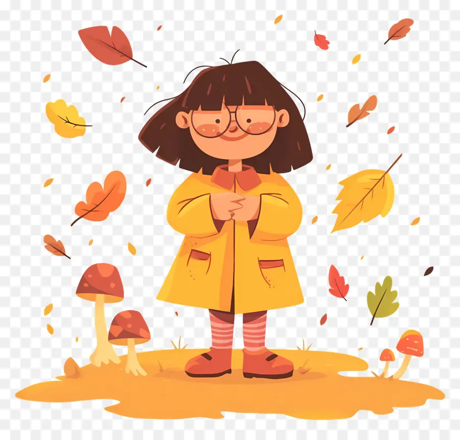 Fond D'automne，Fille En Manteau Jaune PNG