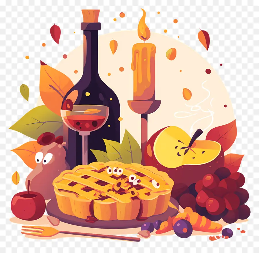 Nourriture De Thanksgiving，Tarte D'automne Et Vin PNG