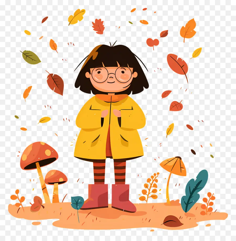 Fond D'automne，Fille En Manteau Jaune PNG