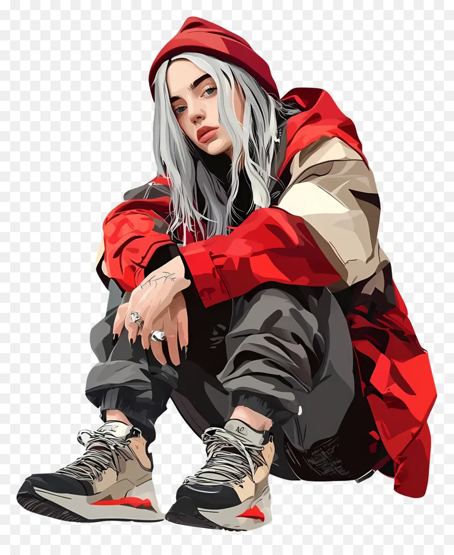 Billie Eilish，Personnage Assis En Rouge PNG