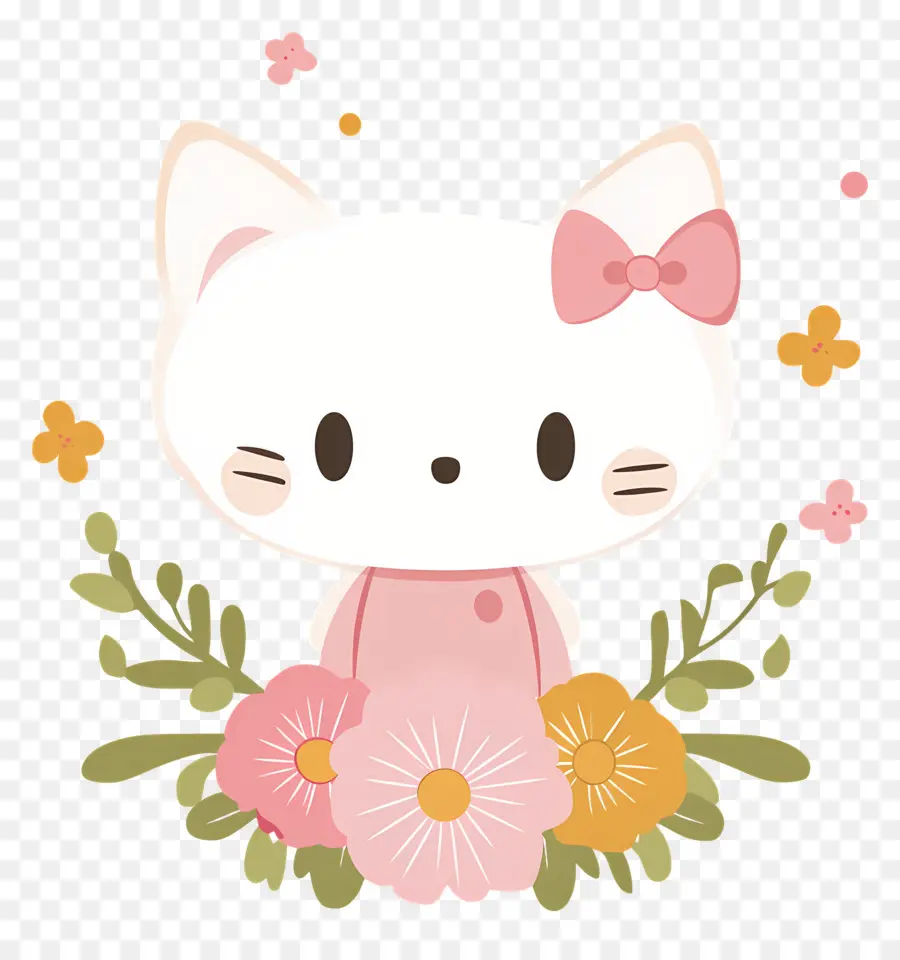 Autocollant Bonjour Kitty，Chat Blanc Avec Des Fleurs PNG