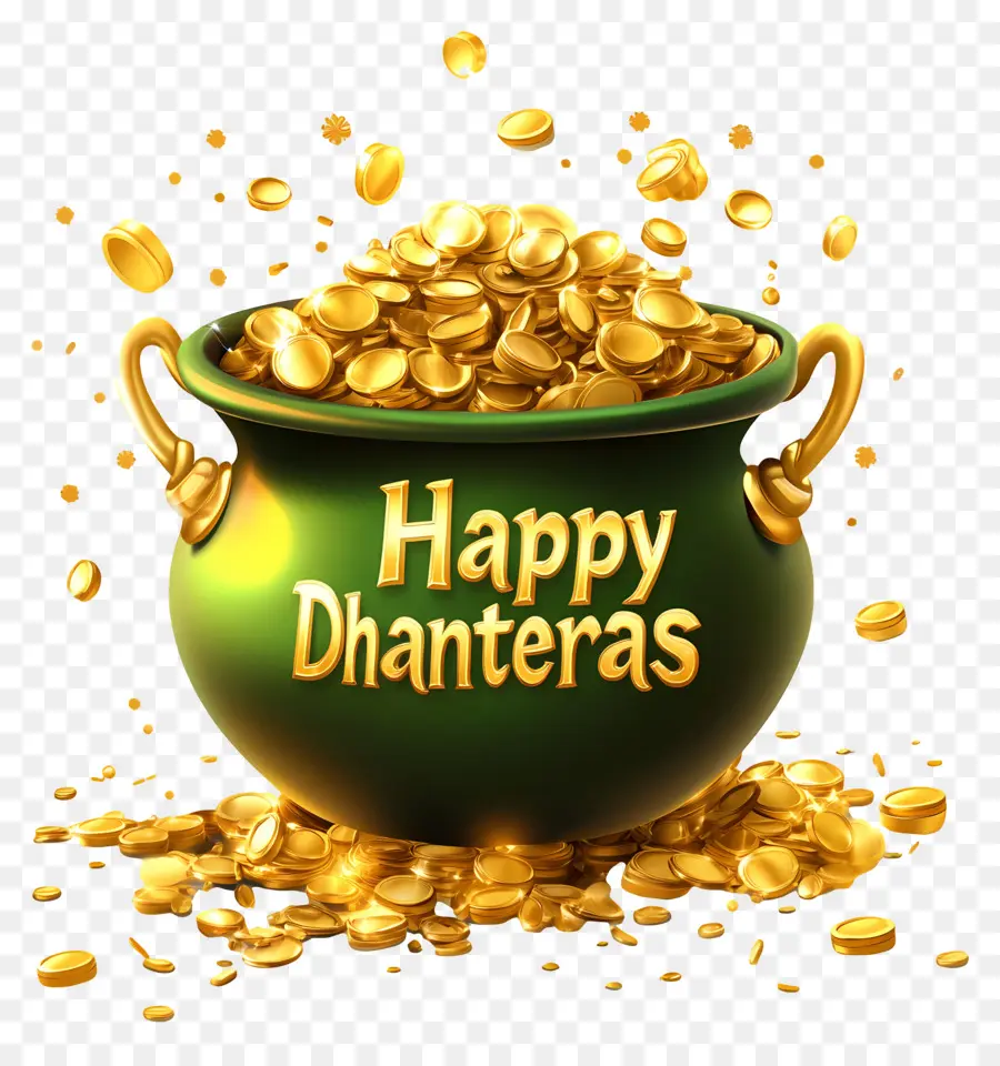 Joyeux Dhanteras，Pot Vert De Pièces D'or PNG