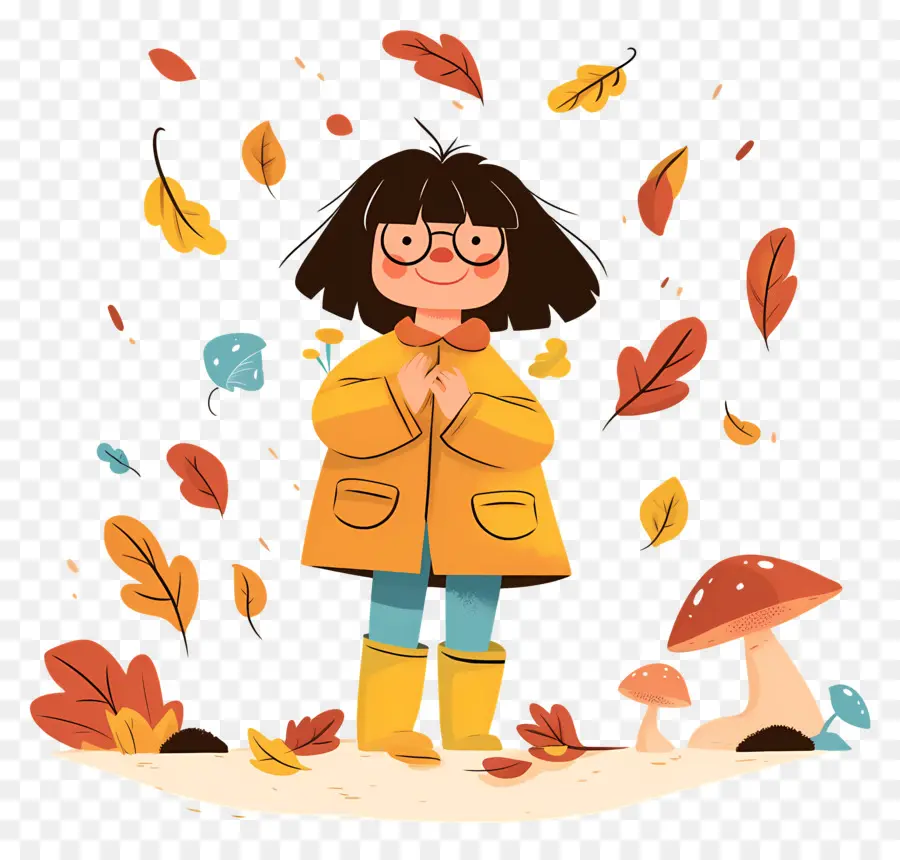 Fond D'automne，Fille En Manteau Jaune PNG