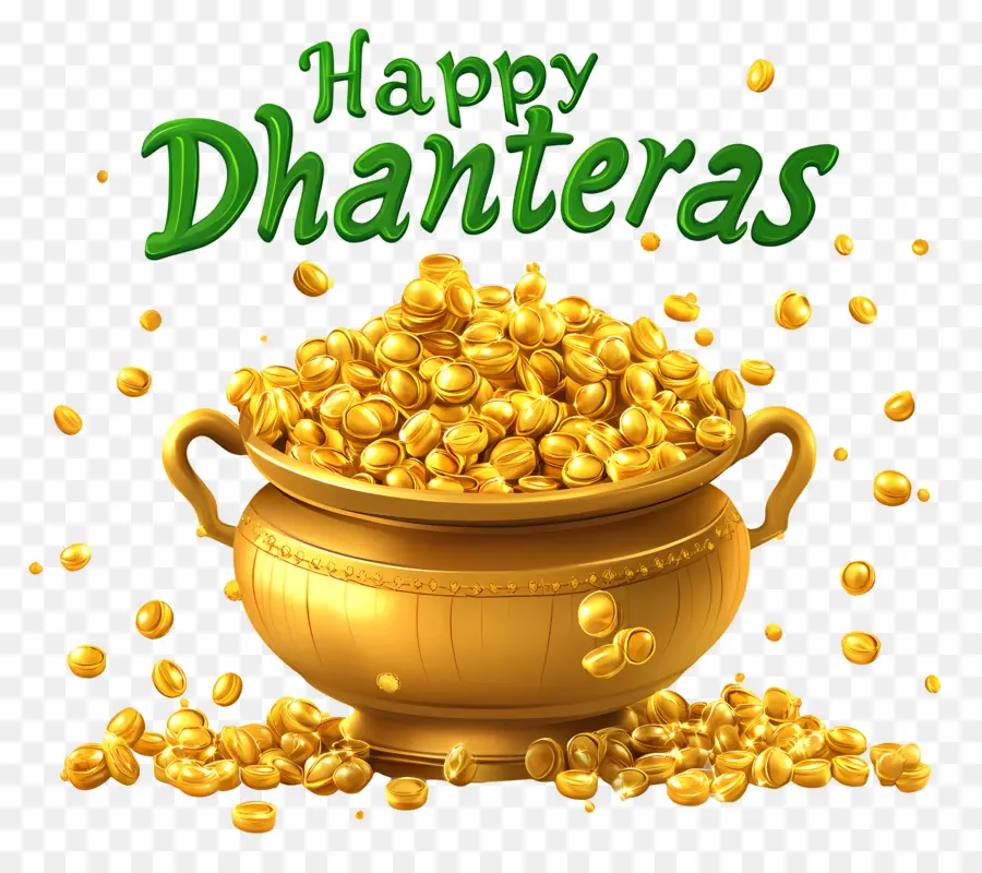 Joyeux Dhanteras，Pot Vert De Pièces D'or PNG