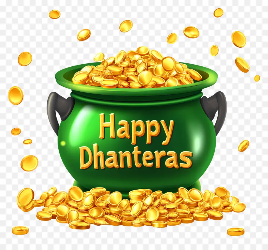 Joyeux Dhanteras，Pot Vert De Pièces D'or PNG