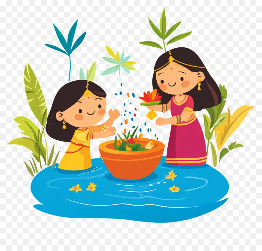 Joyeux Chhath Puja，Deux Femmes Avec De L'eau Et Des Plantes PNG