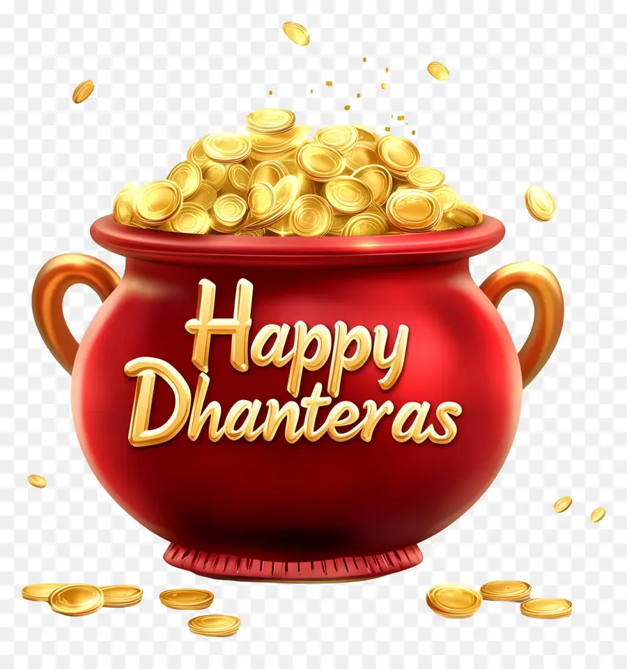 Joyeux Dhanteras，Pot Rouge De Pièces D'or PNG