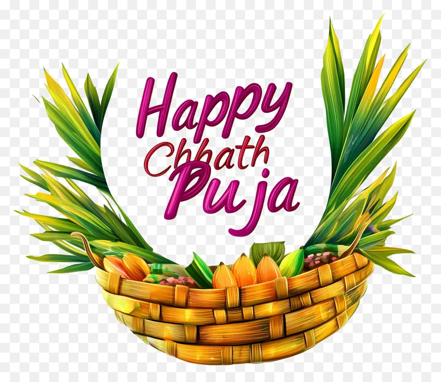 Joyeux Chhath Puja，Panier De Fruits Et De Feuilles PNG