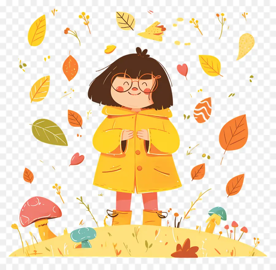 Fond D'automne，Fille En Manteau Jaune PNG