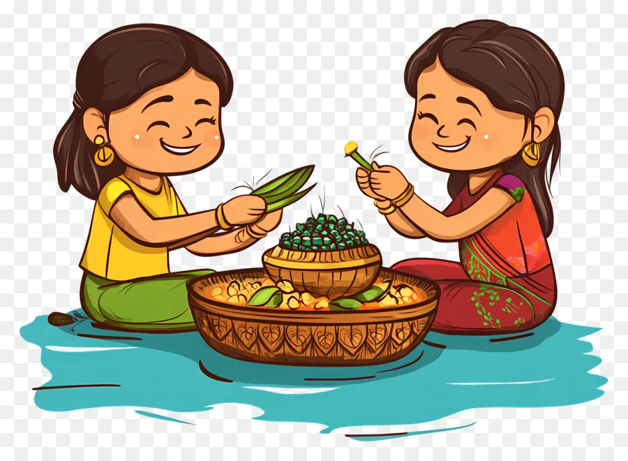 Joyeux Chhath Puja，Deux Filles Avec Des Offrandes PNG